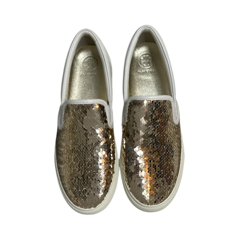 Tory Burch Carter Gold Sequin and Leather Slip On Sneaker Size 8.5